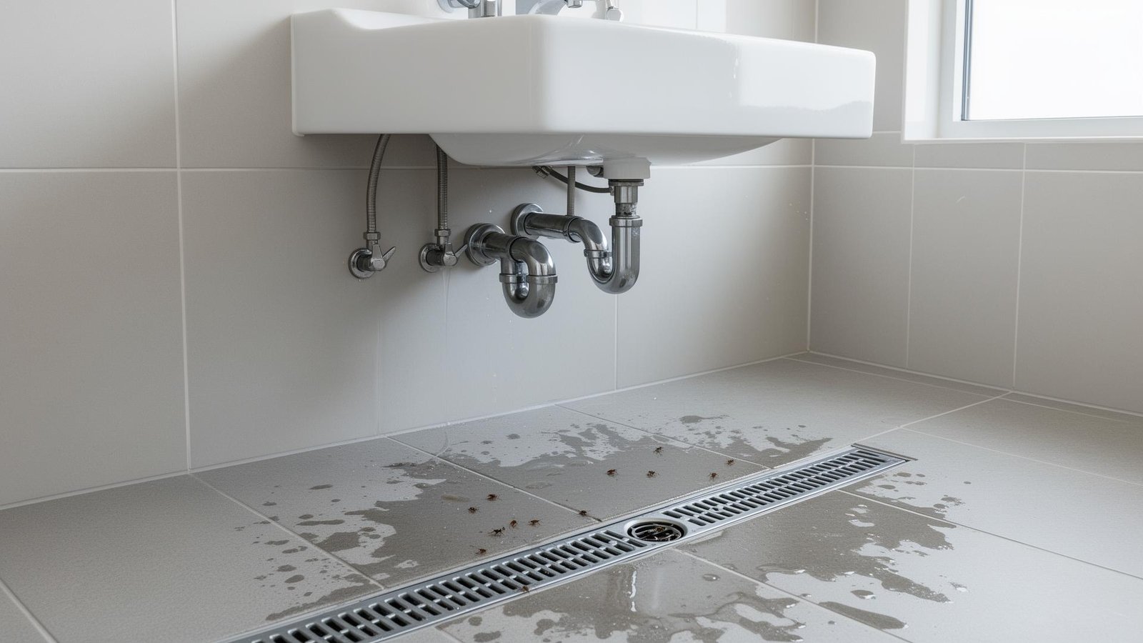 صورة حمام منزلي توضح مناطق دخول الصراصير المحتملة حول المغسلة والصرف