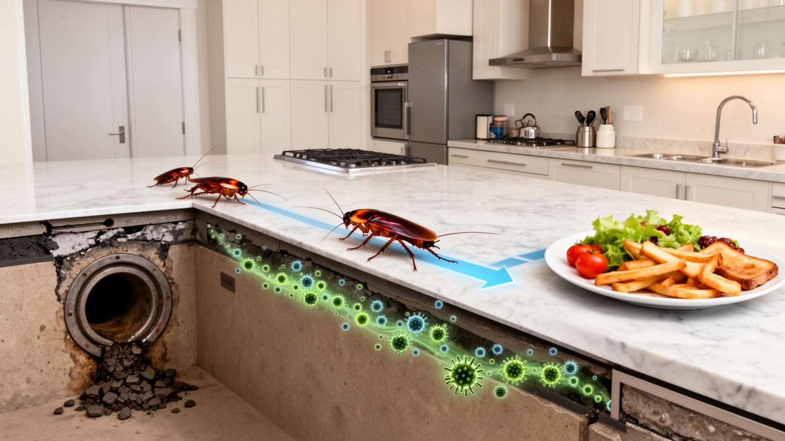 مسار تلوث الطعام بالبكتيريا التي تنقلها الصراصير من المجاري إلى المطبخ