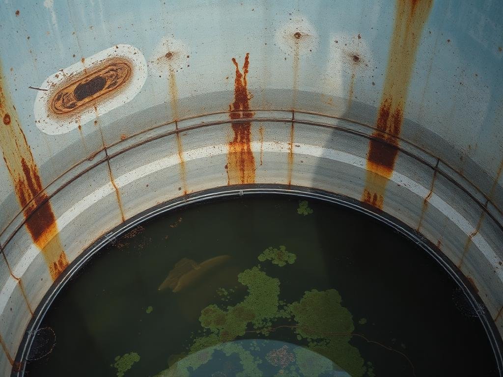 خزان مياه ملوث يظهر تراكم الرواسب والصدأ والطحالب