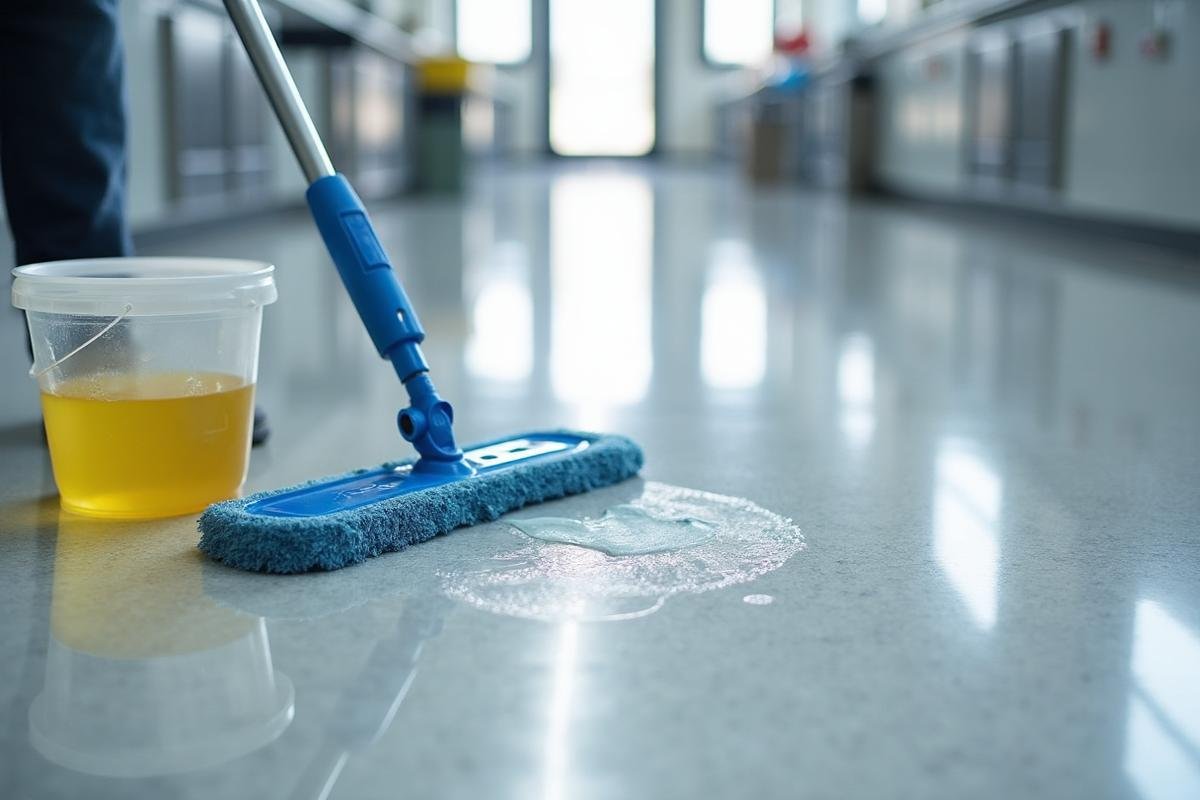 تنظيف وصيانة أرضية ايبوكسي باستخدام ممسحة ومحلول تنظيف