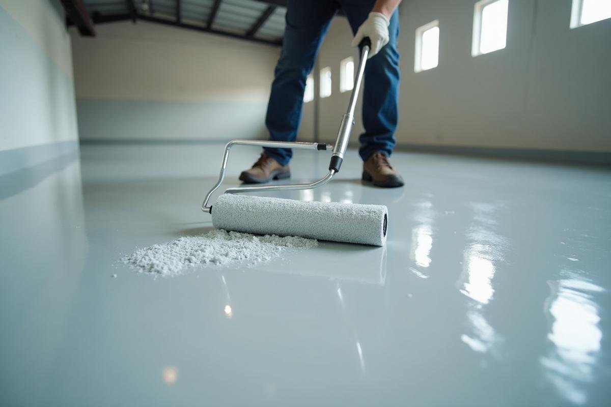 عامل متخصص يقوم بتطبيق طلاء الايبوكسي على الأرضية الخرسانية