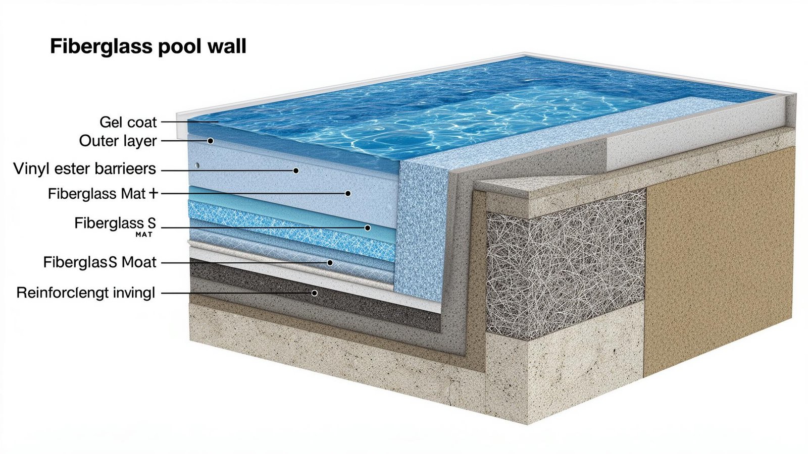 مقطع عرضي يوضح طبقات مسبح الفايبر جلاس