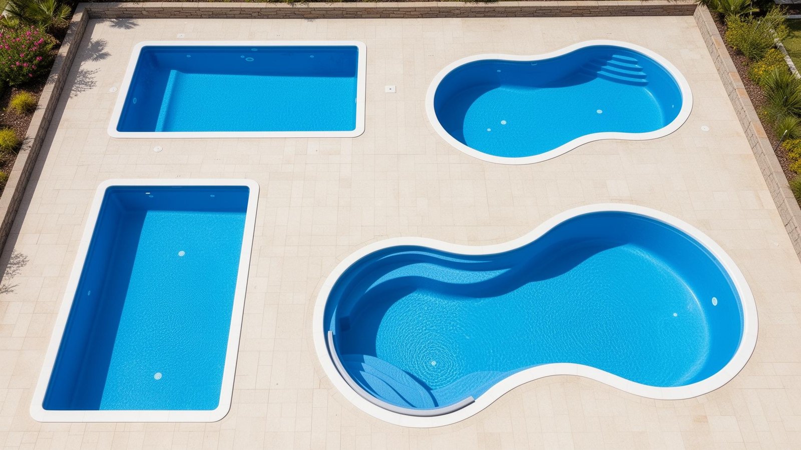 أشكال وأنواع مسابح الفايبر جلاس المختلفة من زاوية علوية