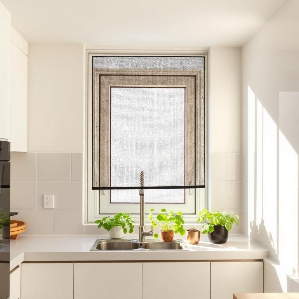 مطبخ نظيف مع شبك على النوافذ