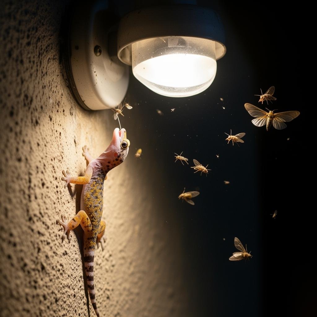 أبو بريص يصطاد الحشرات قرب مصدر الضوء ليلاً