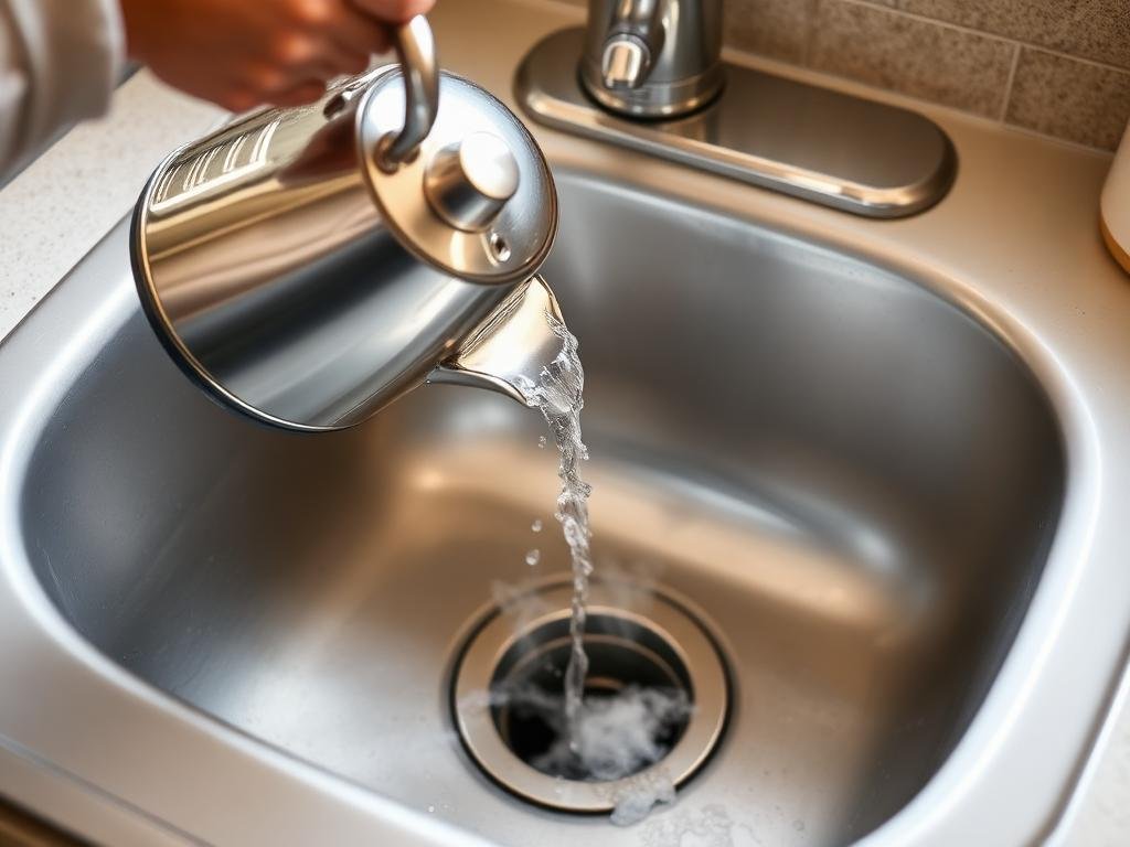 صب الماء الساخن في المصرف للصيانة