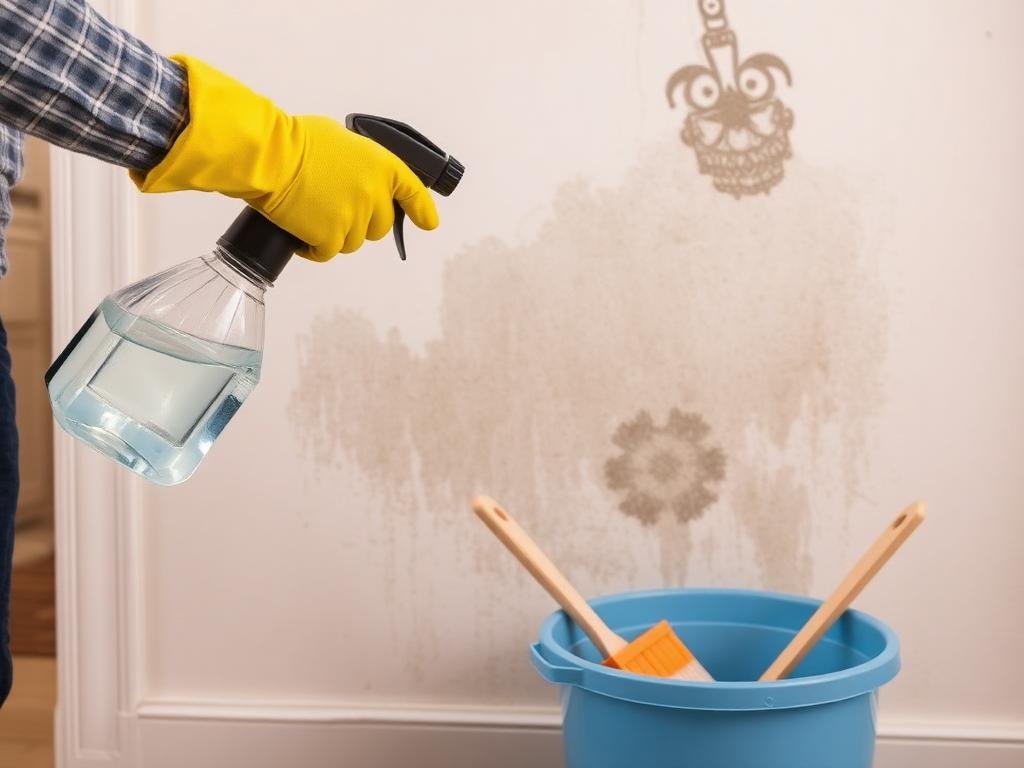 شخص يرتدي قفازات يرش محلول تنظيف على جدار متضرر من الرطوبة