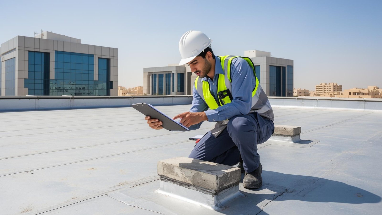 فني متخصص يقوم بفحص السطح قبل تطبيق العزل