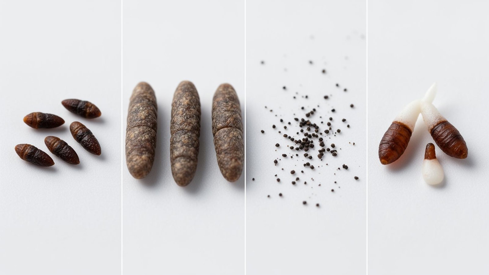 مقارنة بصرية بين براز الفأر والجرذ والصرصور والوزغ