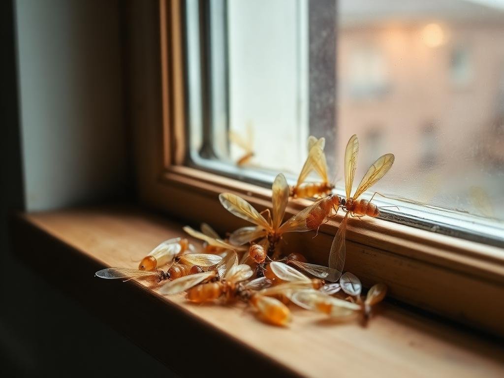 أجنحة النمل الأبيض المتساقطة على حافة النافذة