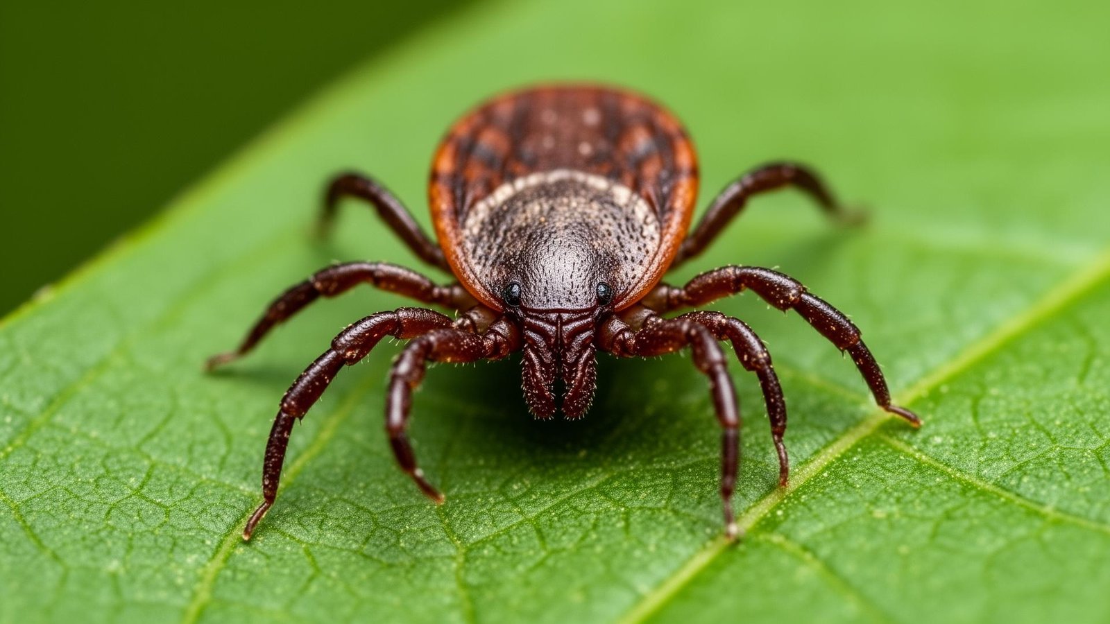 صورة مكبرة لحشرة القراد على ورقة نبات خضراء توضح شكلها وتفاصيل جسمها