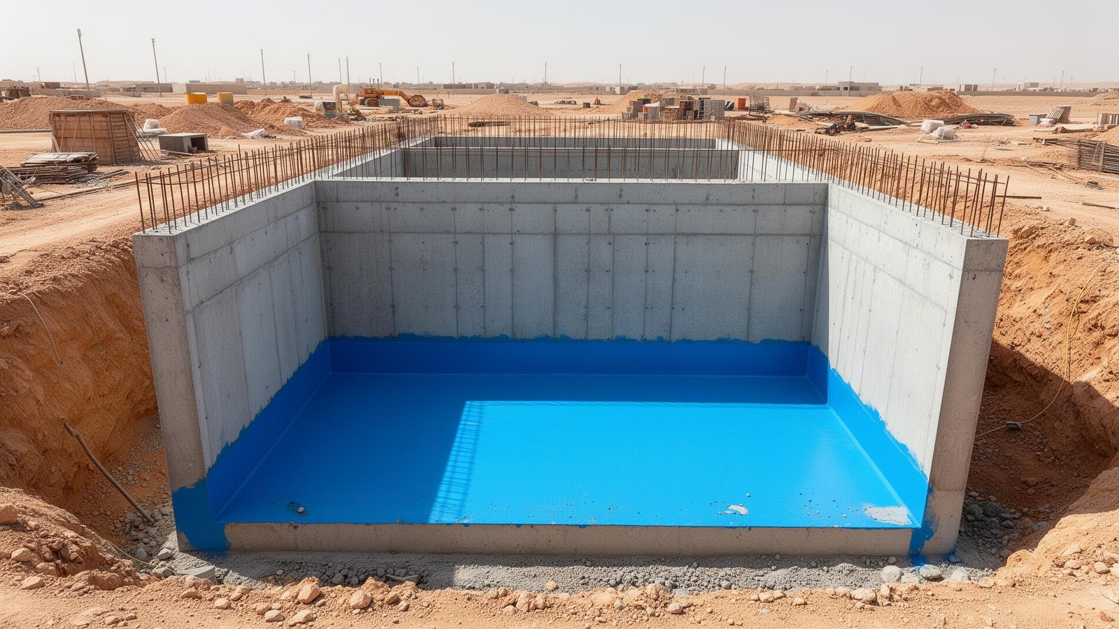 خزان مياه أرضي إسمنتي قيد الإنشاء مع طبقة عزل