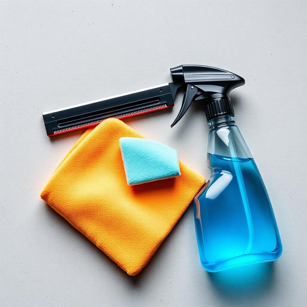 أدوات تنظيف النوافذ الاحترافية: ممسحة مطاطية وقماش ميكروفايبر وبخاخ