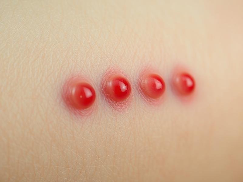 أعراض قرصة البرغوث على الجلد - بقع حمراء متسلسلة مع حكة