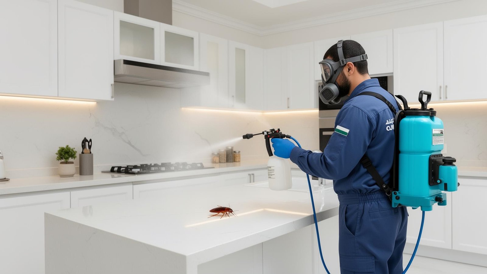 رش مبيد الصراصير في المطبخ بمعدات احترافية