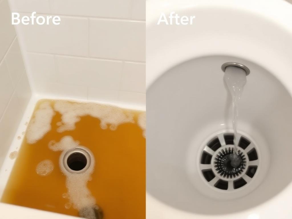 نتيجة تسليك صرف الحمام قبل وبعد