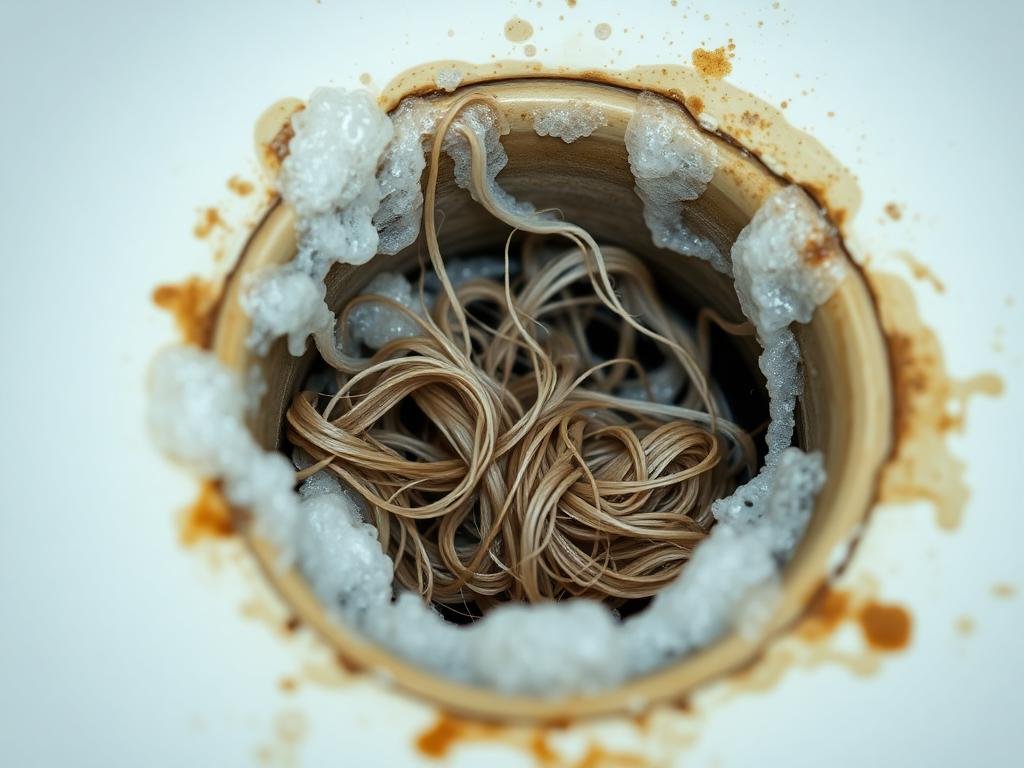 شعر متراكم في فتحة صرف الحمام