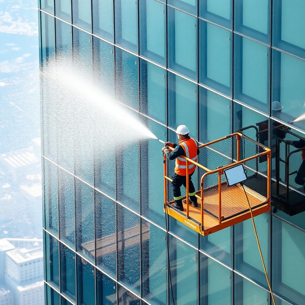 عملية غسيل واجهة مبنى باستخدام منصة رفع هيدروليكية