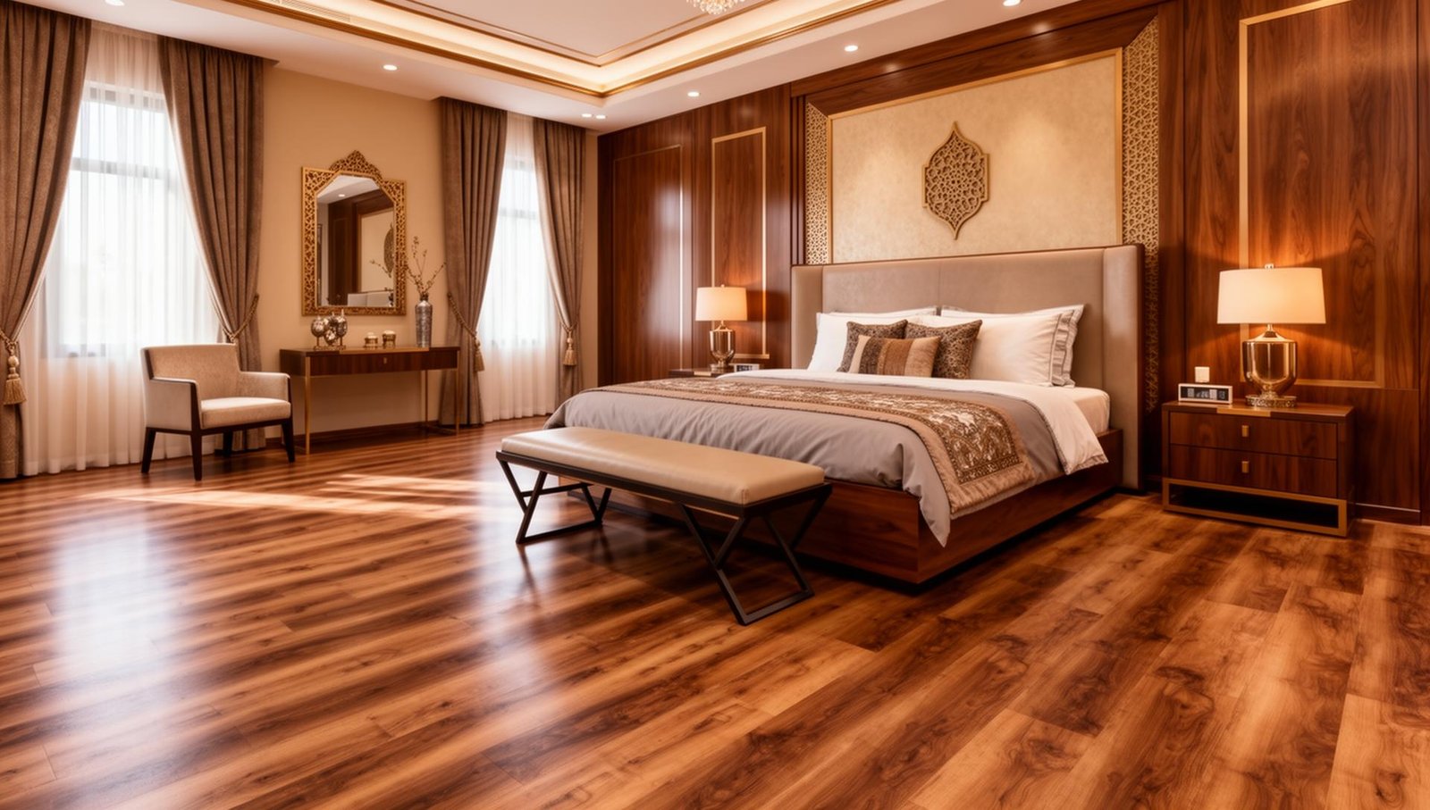 غرفة نوم فاخرة بأرضيات WPC بمظهر الخشب الطبيعي