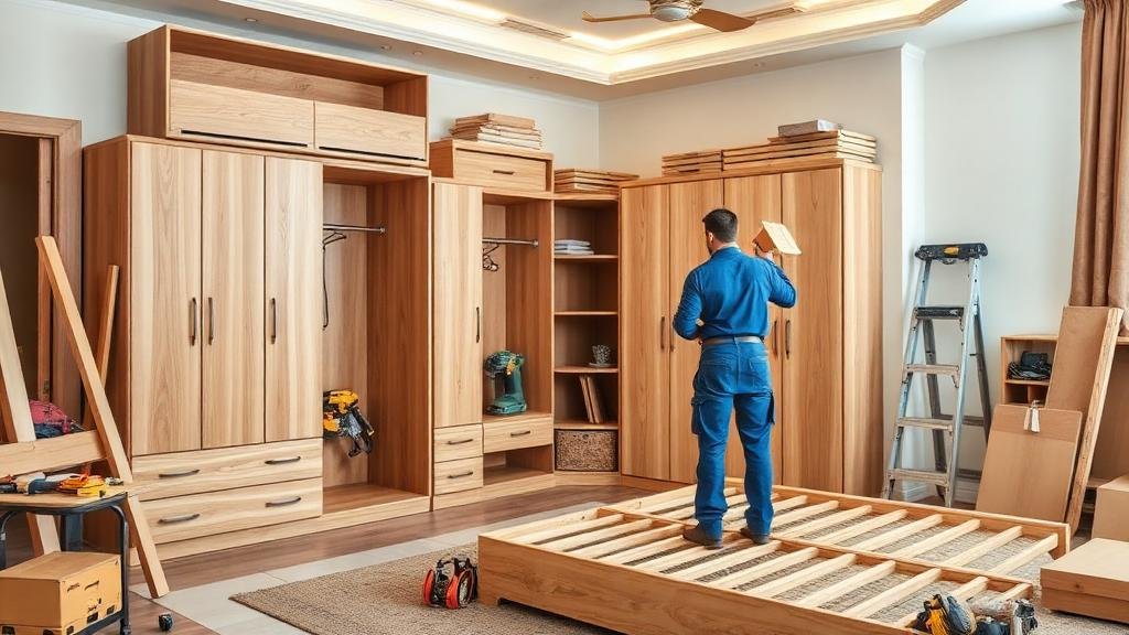 نجار متخصص يقوم بتركيب وتجميع غرفة نوم بعد نقل العفش في جدة
