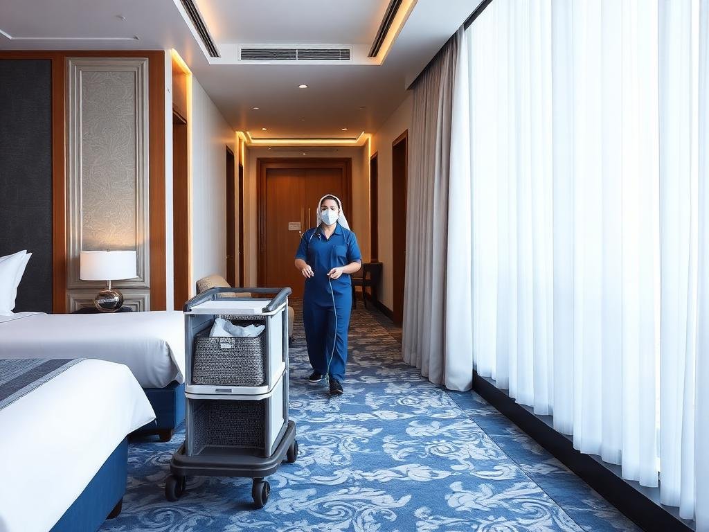 عاملة تنظف غرفة فندقية فاخرة في جدة مع ترتيب السرير والمناشف