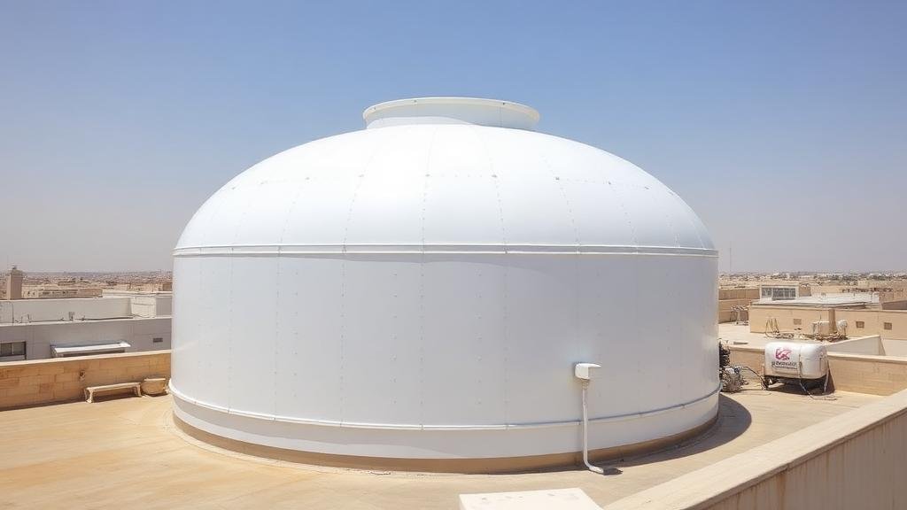 خزان مياه معزول بالكامل بطلاء أبيض عاكس على سطح مبنى في جدة