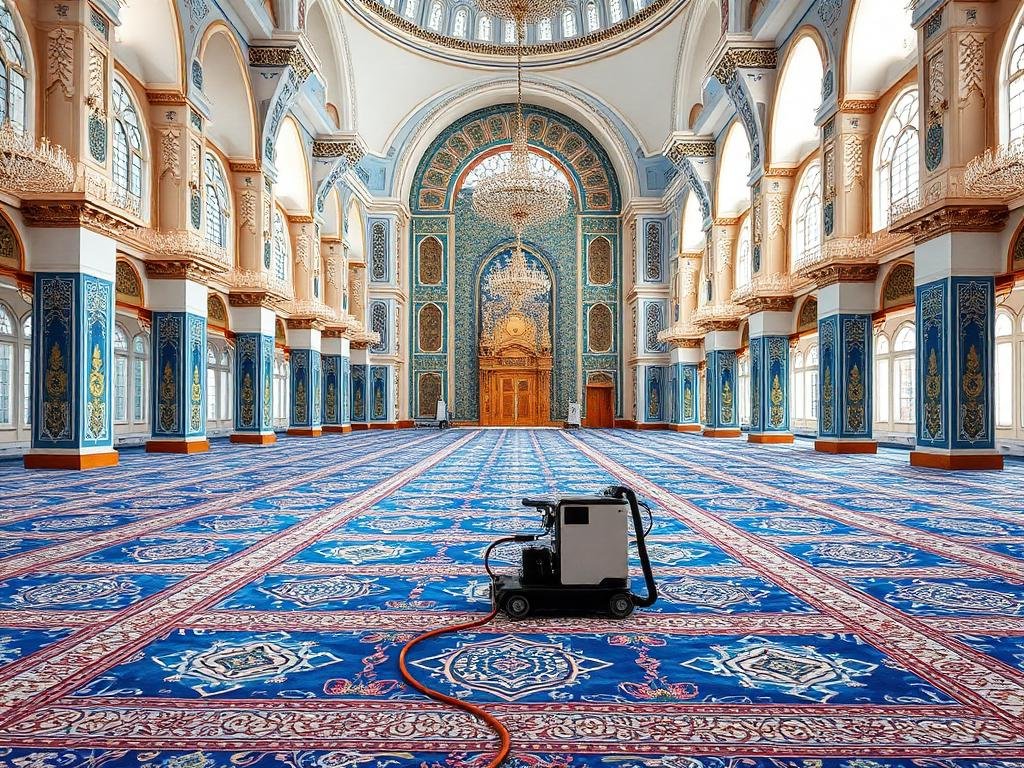 تنظيف سجاد المساجد بجدة - معدات تنظيف احترافية في قاعة صلاة واسعة