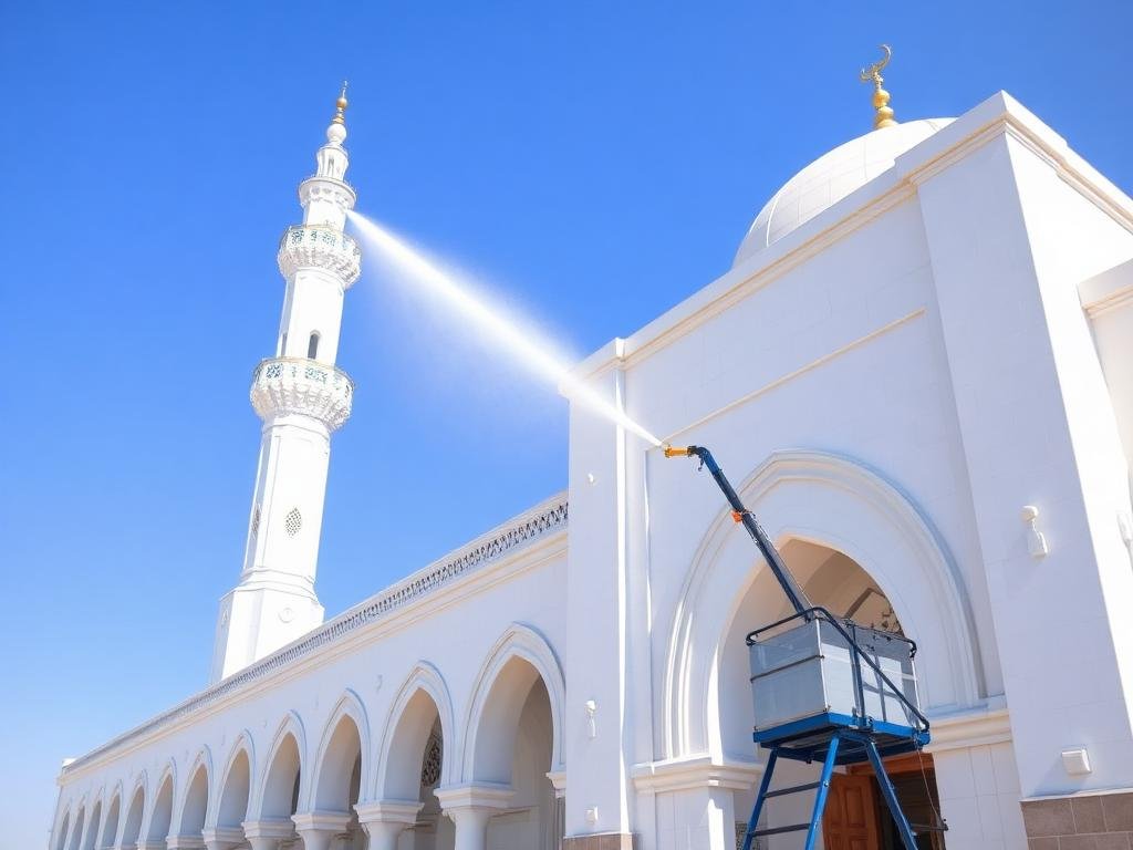 تنظيف واجهات المساجد بجدة - غسيل ضغط عالي للمئذنة والقبة البيضاء