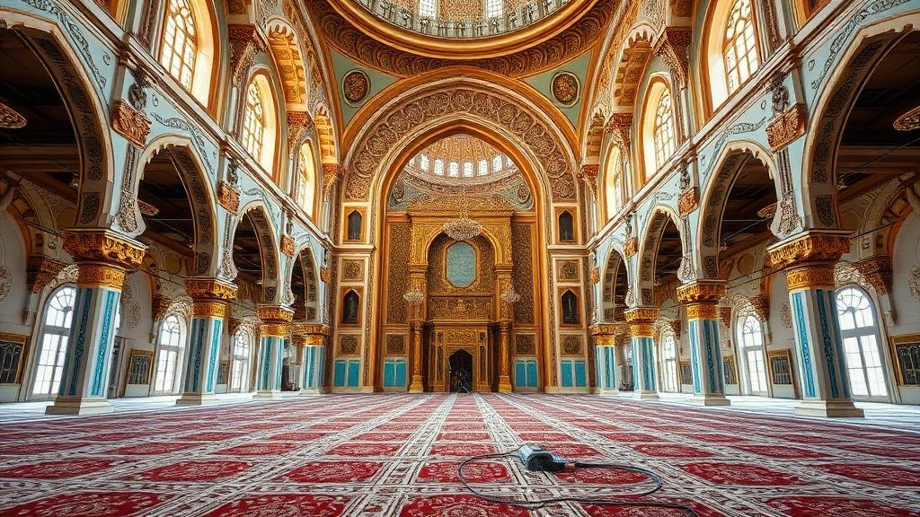 تنظيف سجاد مسجد كبير في جدة مع الثريات والأعمدة المزخرفة