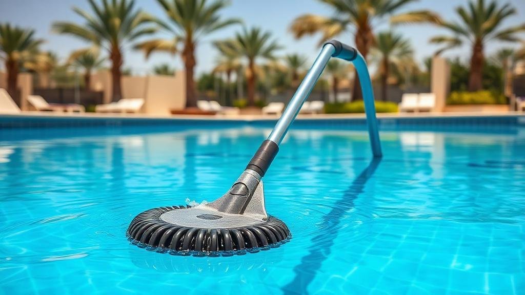 جهاز شفط وتنظيف قاع المسبح في فيلا بجدة مع مياه زرقاء صافية