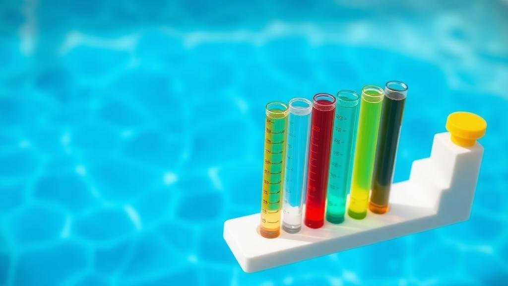 فحص جودة مياه المسبح بأنابيب اختبار ملونة لقياس الكلور ودرجة الحموضة