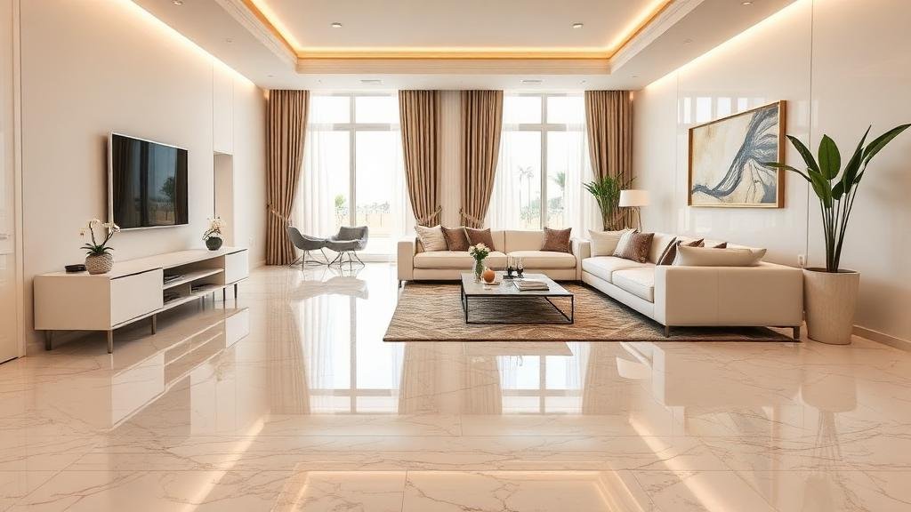 صالة فيلا فاخرة في جدة بعد خدمة التنظيف الشامل مع أرضيات رخام لامعة