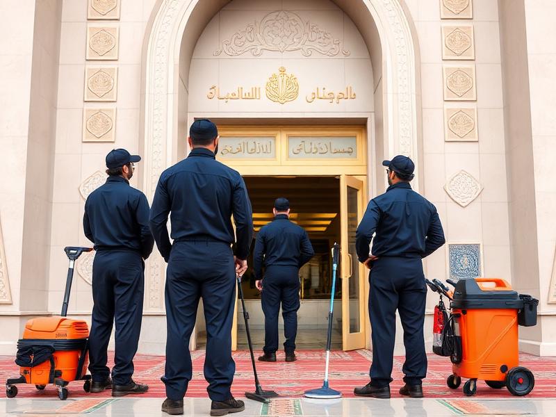 فريق تنظيف مساجد متخصص بالمعدات أمام مسجد