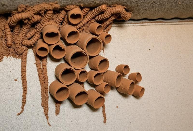 أنابيب طينية للنمل الأبيض على جدار منزل في مكة