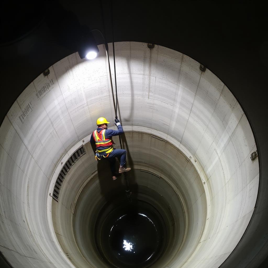 تنظيف خزان أرضي تحت الأرض بواسطة فني متخصص مع معدات السلامة