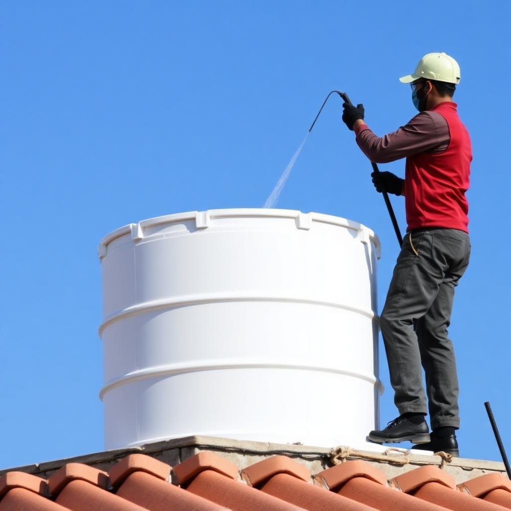 تنظيف خزان علوي على سطح المنزل بواسطة فني مع معدات ضغط الماء